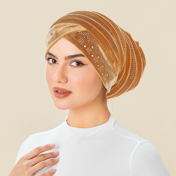 Women's Bucket Hat under $5! Yrmaups Women's Velvet Rhinestone Turban Hat, Muslim Head Wrap Foldable Stackable Hat, Fashion Winter Cap for Women, Elegant Headwear, Daily Use Hat