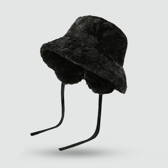 Women's Bucket Hat with Ear Flaps, Fuzzy Fleece Lined Winter Fisherman Hat with Adjustable Chin Strap, Wide Brim Cold Weather Hat for Outdoor, Travel and Daily Commute - Black