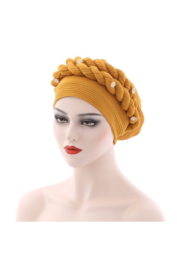Women's Bucket Hats Fashion Women Beading Braid Hat Muslim Ruffle Cancer Wrap Cap Sleep Caps Satin Lined Hair Bonnets Women's Accessories