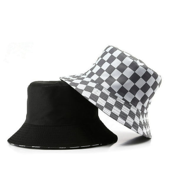 Women's Bucket Hats Reversible Checkered Pattern Fisherman Cap-Gray