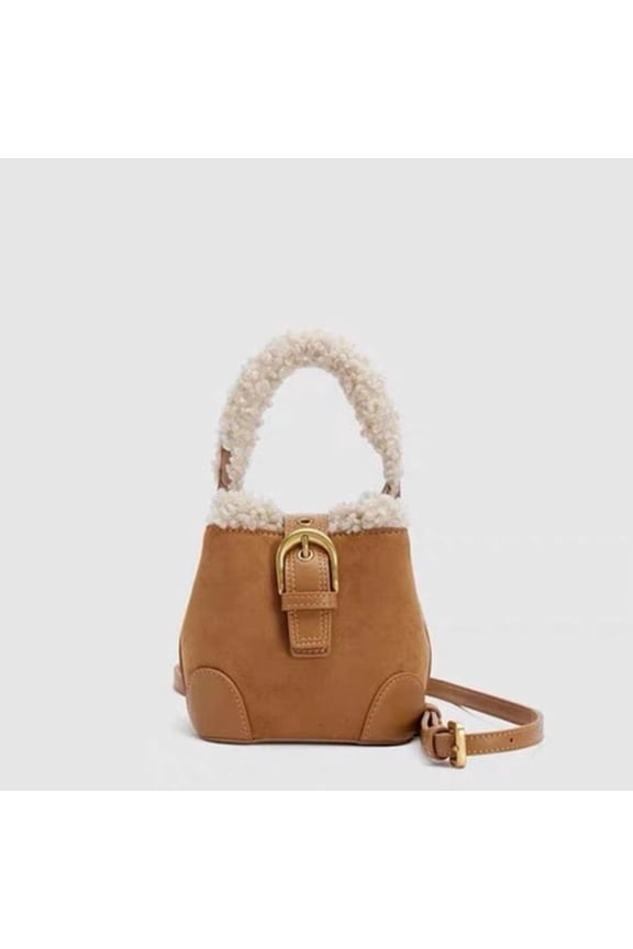 Women's Bucket One Shoulder Bags Autumn Winter Vintage Versatile Lamb Wool Mini Handbag Korean Elegant Fashion Crossbody Bag