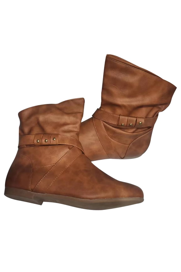 Women's Buckle Ankle Boots Flat Slouch Boots Faux Leather Buckle Booties Comfortable Slip On Short Boots Fall Winter Dress Shoes Brown 39