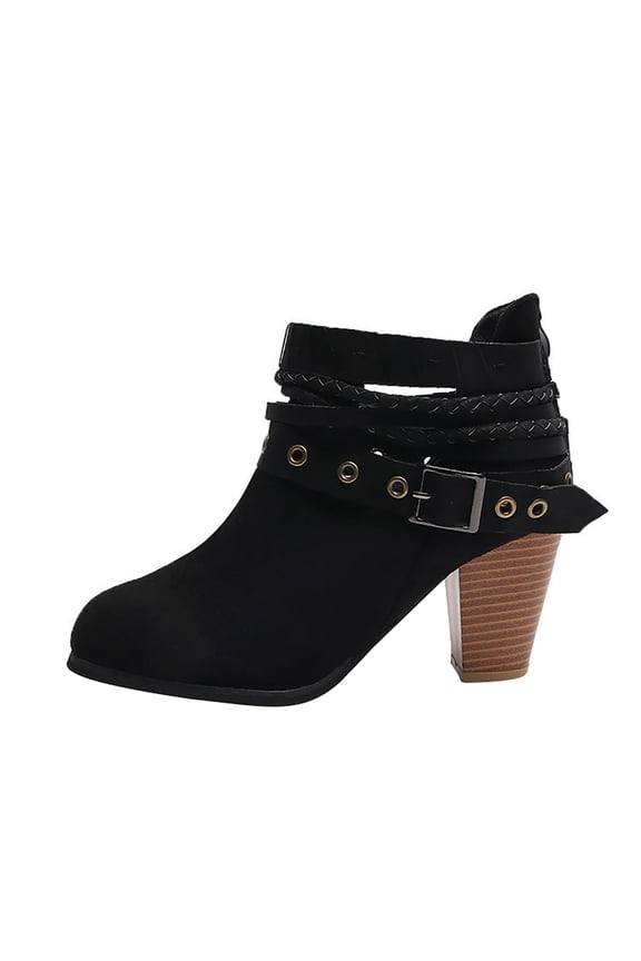 Women's Buckle Ankle Boots Suede Chunky Heel Pointed Toe Buckle Ankle Booties Dress Boots Fashion Comfortable Fall Winter Shoes Black 40