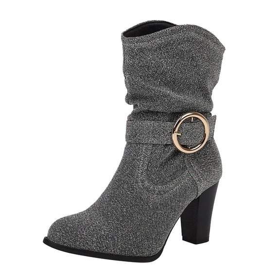 Women's Buckle Block Heel Boots Suede Glitter Round Toe Chunky Heel Mid Calf Boots Fall Winter Fashion Elegant Shoes Silver 42