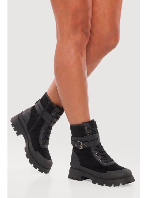 Women's Buckle Detail Side Zip Combat Boots