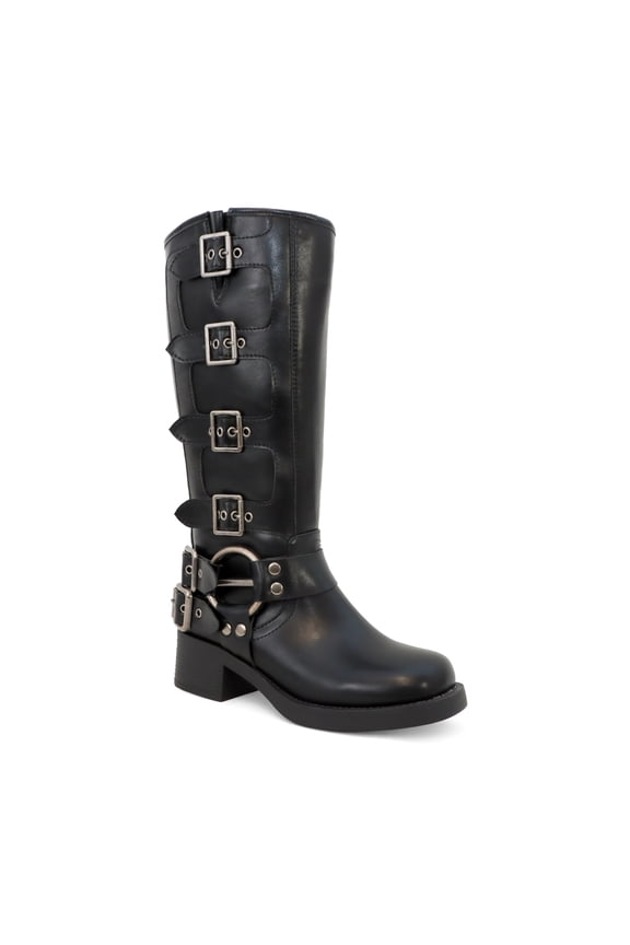 Women's Buckle Harness Knee High Boots Moto Riding Boots