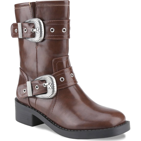 Women's Buckle Strap Ankle Boots Low Block Heel Round Toe Mid-Calf Boots Side Zipper Combat Military Riding Boot