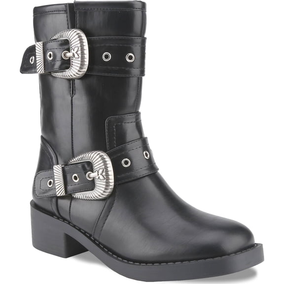 Women's Buckle Strap Ankle Boots Low Block Heel Round Toe Mid-Calf Boots Side Zipper Combat Military Riding Boot