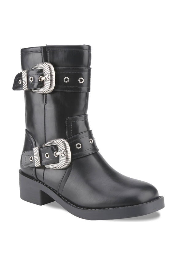 Women's Buckle Strap Ankle Boots Low Block Heel Round Toe Mid-Calf Boots Side Zipper Combat Military Riding Boot