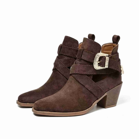 Women's Buckle Strap Ankle Boots, Round Toe Low Heel Cutout Booties , Motorcycle Biker Booties Casual Fashion Short Boots