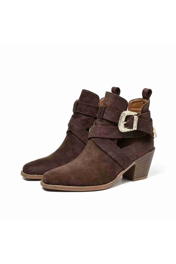 Women's Buckle Strap Ankle Boots, Round Toe Low Heel Cutout Booties , Motorcycle Biker Booties Casual Fashion Short Boots