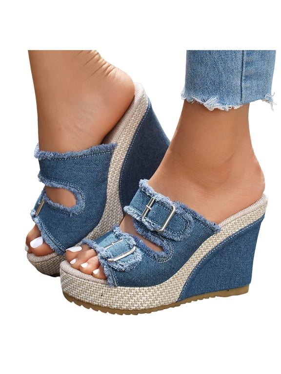 Women's Buckle Strap Denim Platform Wedge Sandals Shoes Lightweight Open Toe Dress Shoes Comfortable Non Slip Beach Sandal Blue Size 9