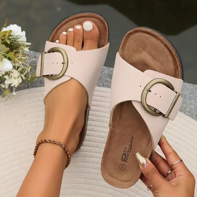 OYOANGLE Women's PU Leather Flat Sandals - Metal Strappy Open Toe Slide Sandals