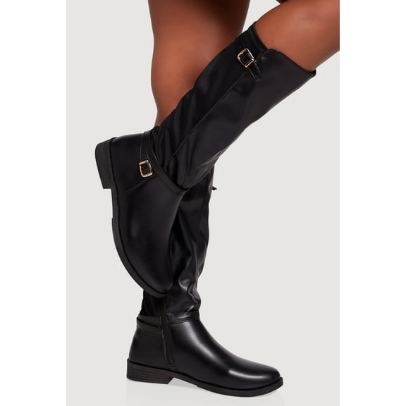 Women's Buckle Strap Detail Elastic Back Almond Toe Boots