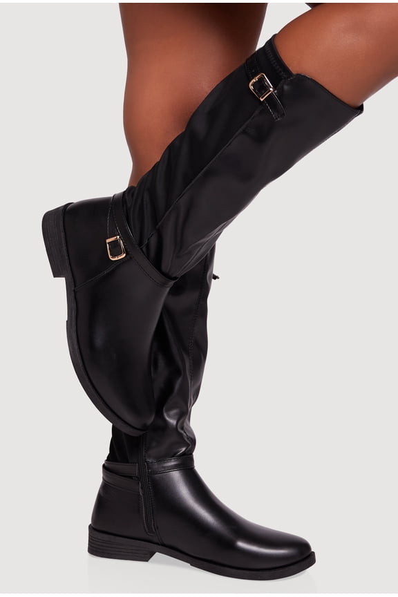 Women's Buckle Strap Detail Elastic Back Almond Toe Boots