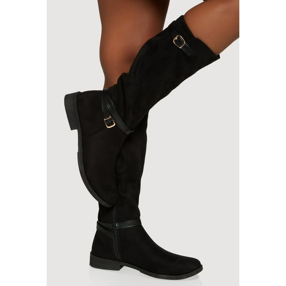 Women's Buckle Strap Detail Elastic Back Almond Toe Boots