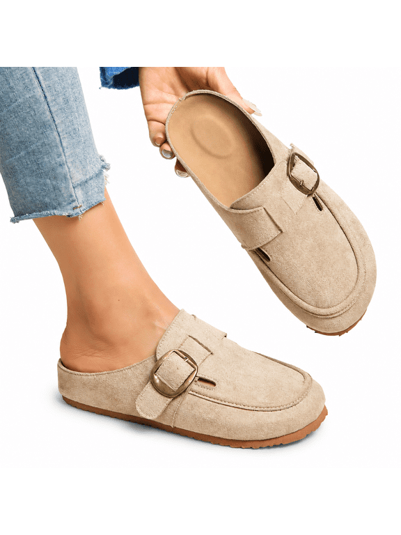 Women's Buckle Strap Faux Suede Loafers - Women's Mule Clogs, Slip-On Closed-Toe Casual Comfort Slides, Women's for shoes