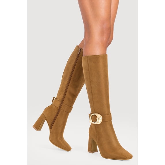 Women's Buckle Strap Square Toe Knee High Boots