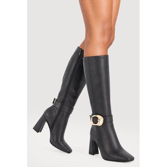 Women's Buckle Strap Square Toe Knee High Boots
