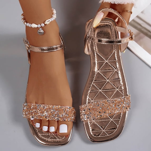 Women's Buckle Strap Square Toe Sandals, Decorative Stone Embellished Metallic Upper, Open Toe Flat Beach Shoes for Summer Rose Gold 39