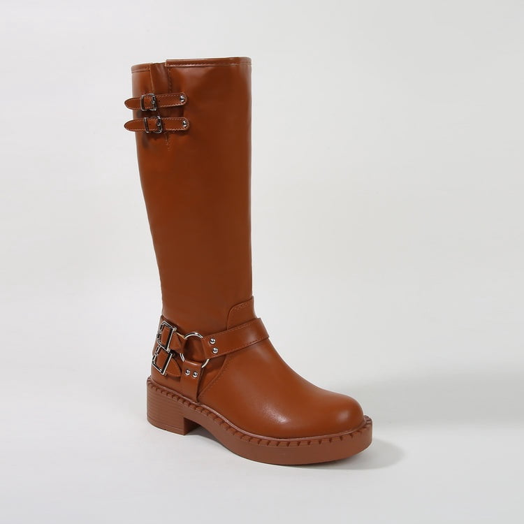 Women’s Buckled Faux Leather Knee High Biker Boots