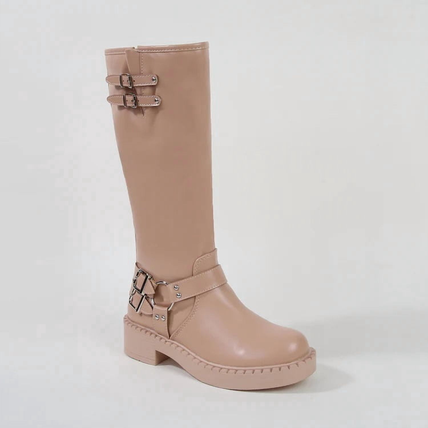 Women’s Buckled Faux Leather Knee High Biker Boots