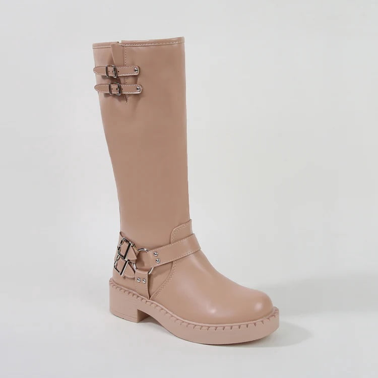Women’s Buckled Faux Leather Knee High Biker Boots