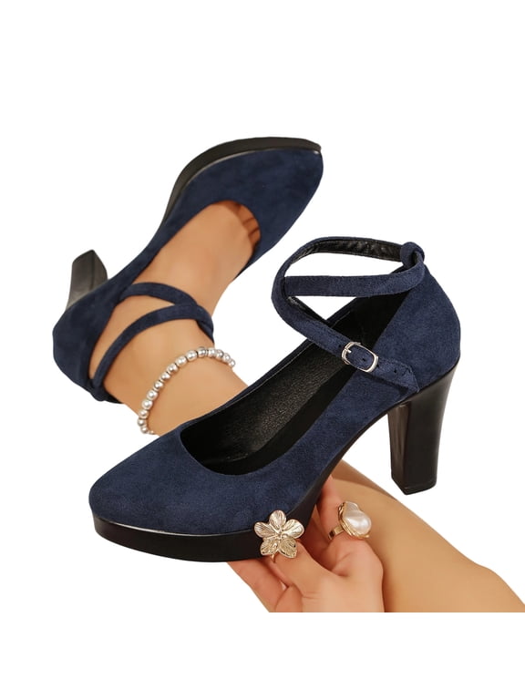 Women's Buckled Mary Jane Shoes Chunky Heel Dress Pumps Closed Toe Party Wedding Dress Shoes Casual Solid Color Pointed Toe Shoes