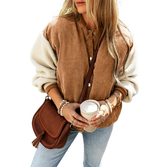 Women's Buckskin Corduroy Colorblock Bomber Jacket - [ZhiHiMeRi] | (US 12-14)L