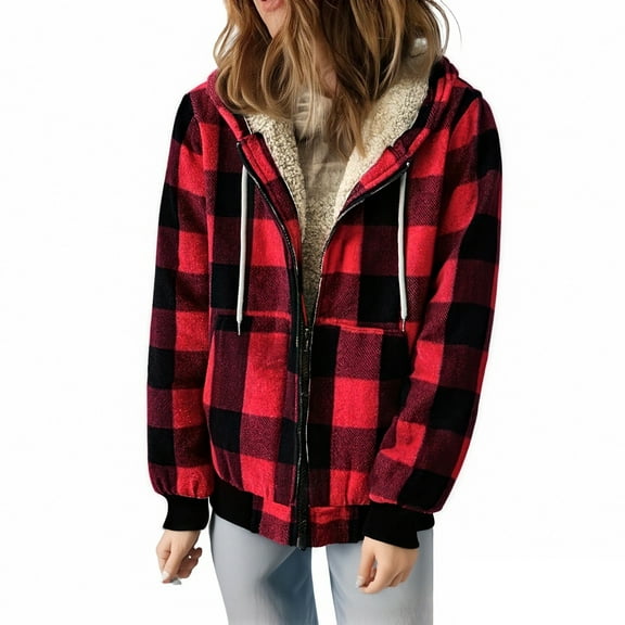 Women's Buffalo Plaid Coat Flannels Fleece Jacket Hooded Shacket Jacket Winter Warm Outwear Drawstring Pocket Peacoat Trendy Fashion Overcoat 2025 NEW Jackets(Red,XXXL)
