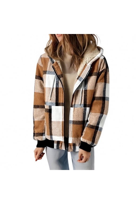 Women's Buffalo Plaid Coat Flannels Fleece Jacket Hooded Shacket Jacket Winter Warm Outwear Drawstring Pocket Peacoat Trendy Fashion Overcoat 2025 NEW Jackets(Khaki,XXL)