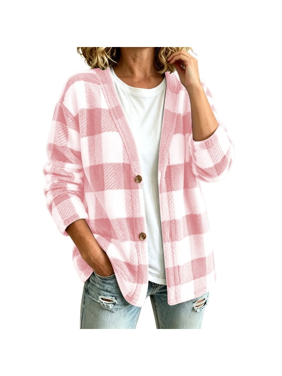 Women's Buffalo Plaid Fuzzy Cardigan Button Down V Neck Long Sleeve Oversized Loose Fit Casual Soft Warm Cozy Fall Winter Jacket Pink
