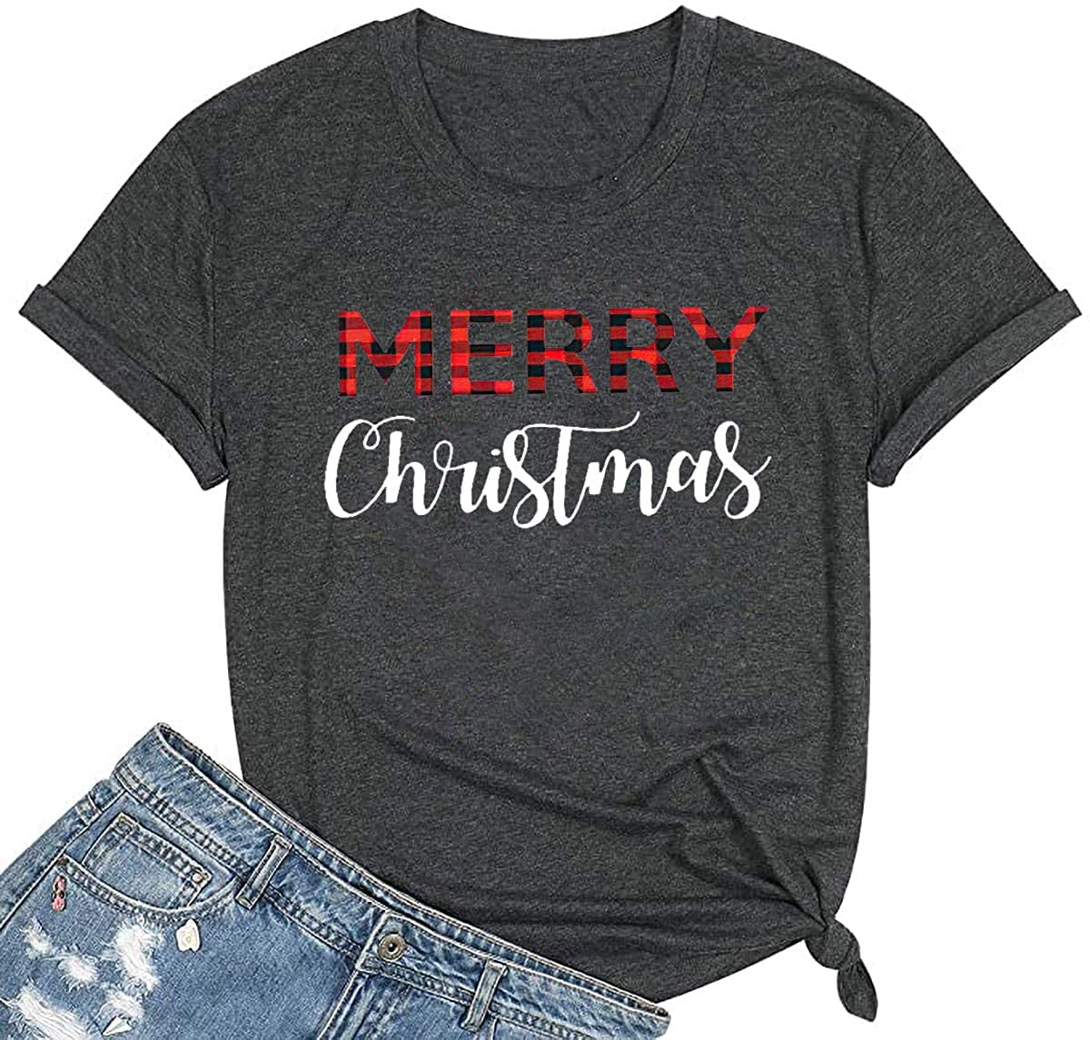 Women's Buffalo Plaid Merry Tees Casual Short Sleeve Merry Christmas Believe Printed Graphic Blouse Tops