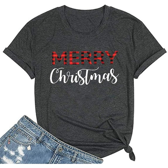 Women's Buffalo Plaid Merry Tees Casual Short Sleeve Merry Christmas Believe Printed Graphic Blouse Tops