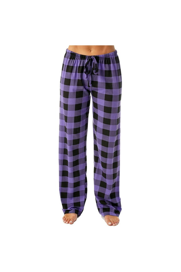 Women's Buffalo Plaid Print Jogger Pants with Pockets Drawstring Cuffed Ankles Casual Pajama & Lounge Pant Purple M