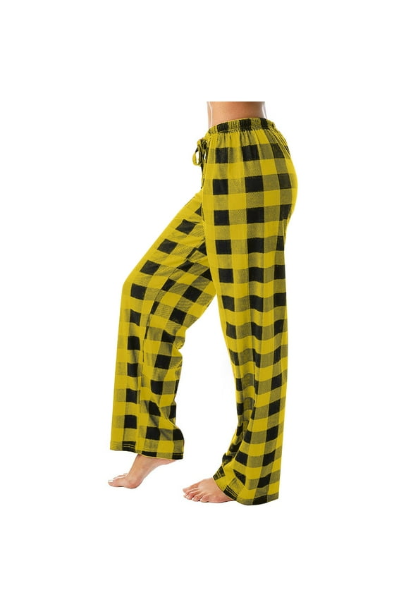 Women's Buffalo Plaid Print Jogger Pants with Pockets Drawstring Cuffed Ankles Casual Pajama & Lounge Pant Yellow XL