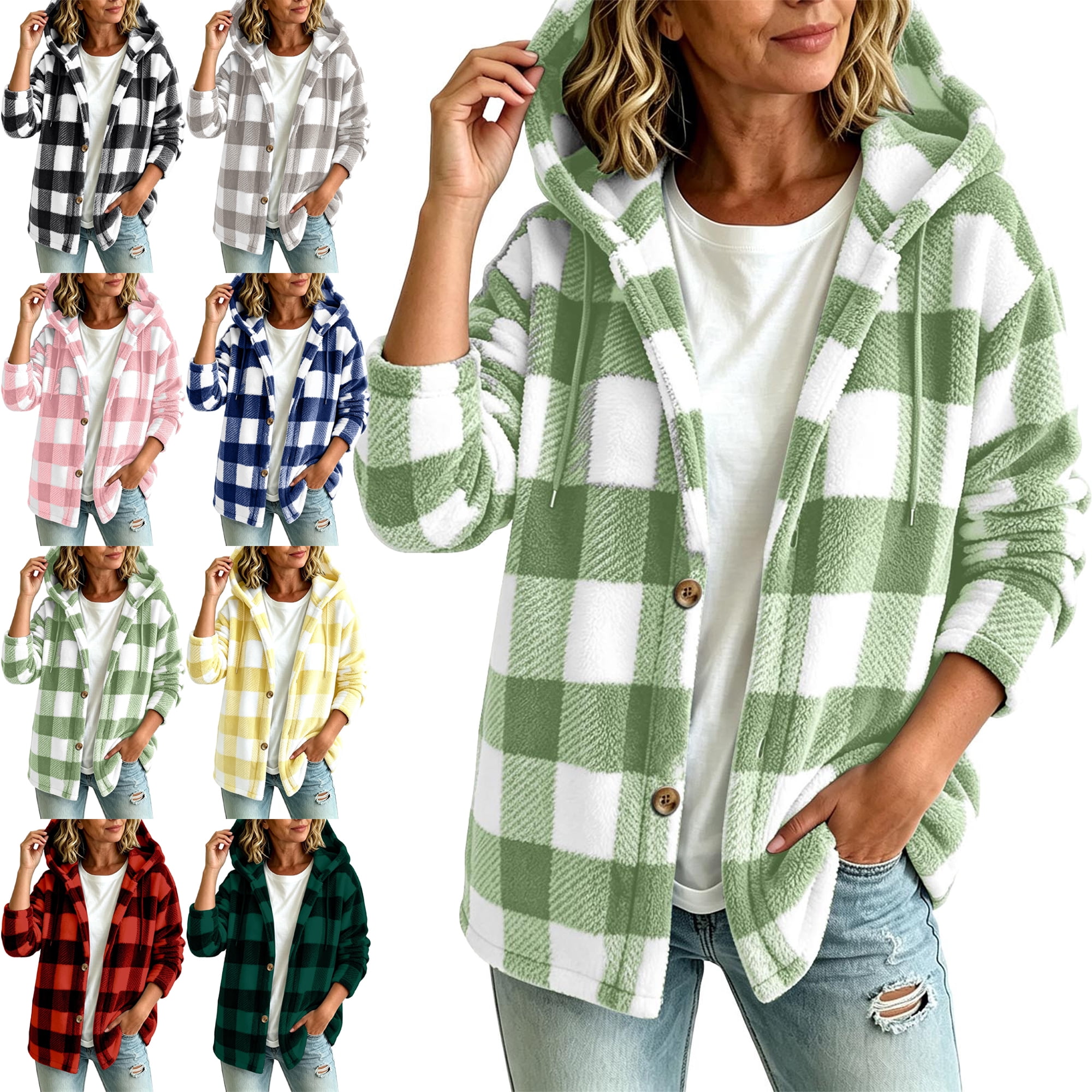 Women's Buffalo Plaid Sherpa Hooded Jacket - Button Front Fleece ...