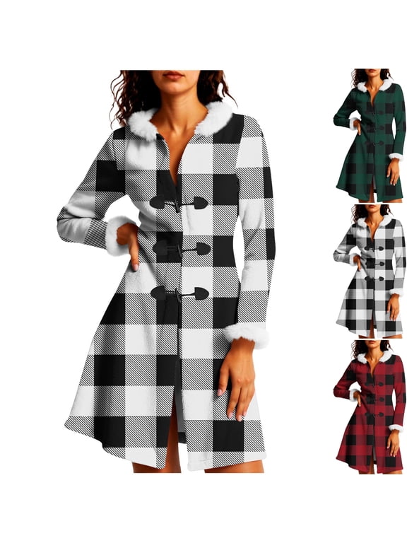Women's Buffalo Plaid Thermal Fleece Pea Coat Hooded A-Line Swing Button Down Mid-Length Jacket Overcoat with Pockets for Christmas Holiday, Black, L