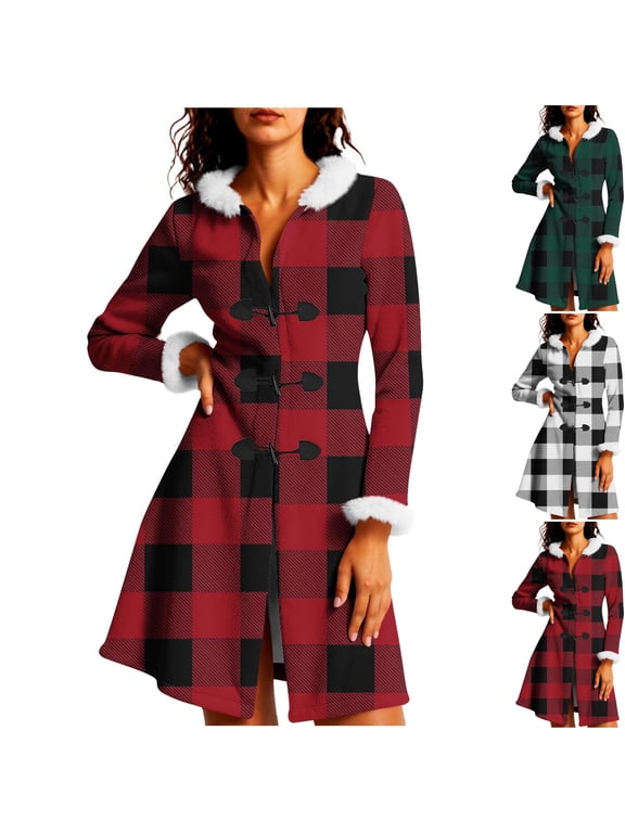 Women's Buffalo Plaid Thermal Fleece Pea Coat Hooded A-Line Swing Button Down Mid-Length Jacket Overcoat with Pockets for Christmas Holiday, Red, S