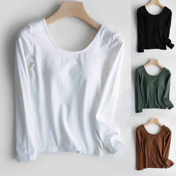 Women's Built-In Bra Long Sleeve Round Neck Solid Color T-Shirt Top Tee Seamless Comfort Casual Everyday Wear Basic Layering Piece | CSEONE,Brown L