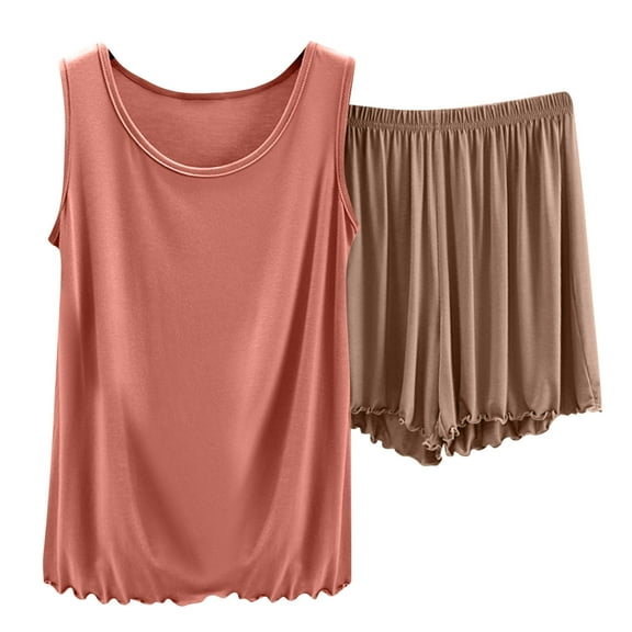 Women's Built-In Bra Lounge Set - Colorblock Cami & Modal Shorts | Plus Size PJ Sleepwear & Summer 2-Piece Workout Outfits