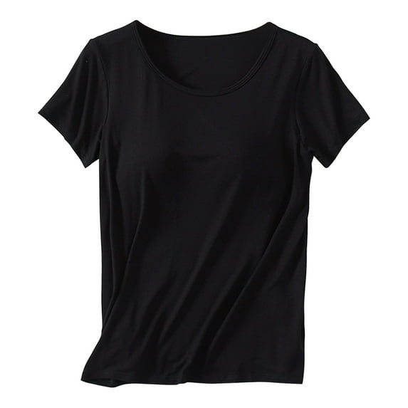 Women's Built-in Bra Padded Active Camisole Shirt, Modal Short Sleeves Pajama Casual Tops T-Shirt, Multicolor, M-2XL