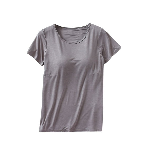 Women's Built-in Bra Pajama Top Loose Fit Sleepshirt Crew Neck Short Sleeve Lounge Nightshirt Soft Modal T Shirt