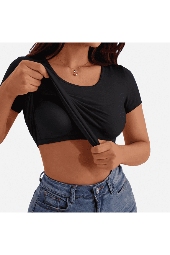 Women's Built-in Bra T-Shirt, Padded Wireless Shelf Bra Tee, Soft Breathable Skin-Friendly Short Sleeve Casual Tank Top for Everyday Wear