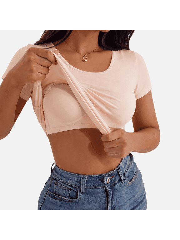 Women's Built-in Bra T-Shirt, Padded Wireless Shelf Bra Tee, Soft Breathable Skin-Friendly Short Sleeve Casual Tank Top for Everyday Wear