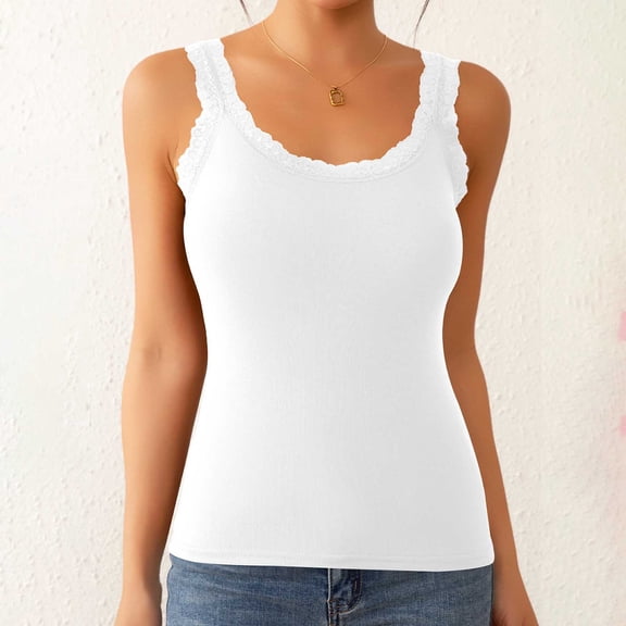 Women’s Built-in Bra Tank Top,Sleeveless Lace Trim Camisole Soft Stretchy Casual Summer Top