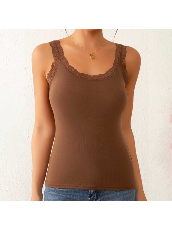 Women’s Built-in Bra Tank Top,Sleeveless Lace Trim Camisole Soft Stretchy Casual Summer Top