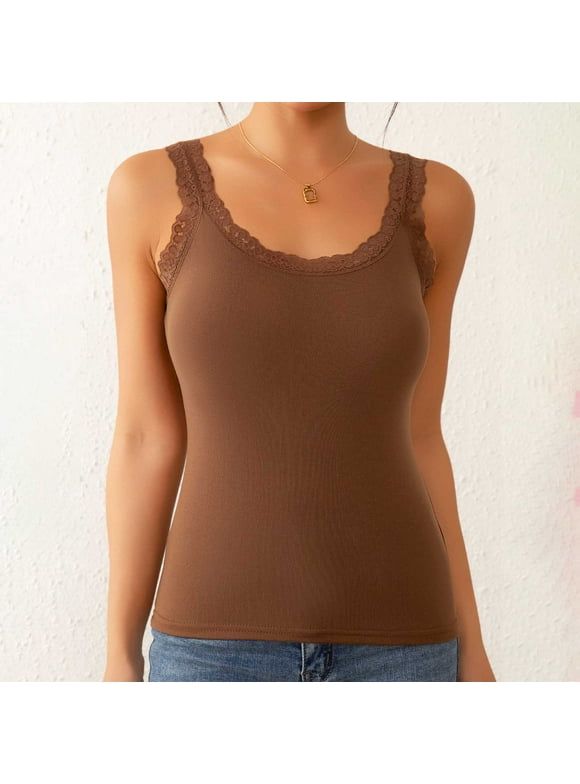 Women’s Built-in Bra Tank Top,Sleeveless Lace Trim Camisole Soft Stretchy Casual Summer Top
