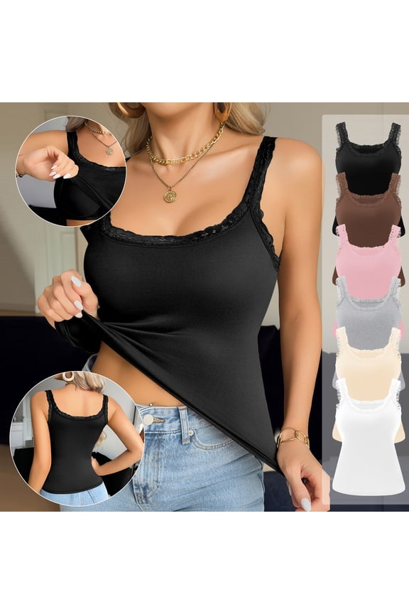 Women's Built-in Bra Tank Top Sleeveless Lace Trim Camisole with Padded Support Soft Stretchy Casual Summer Top