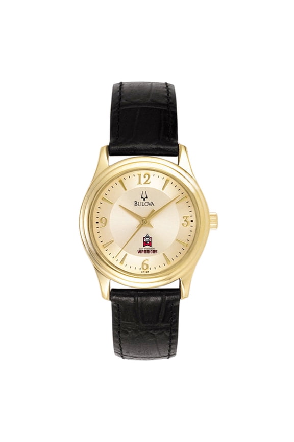 Women's Bulova Gold/Black East Stroudsburg Warriors Stainless Steel Watch with Leather Band